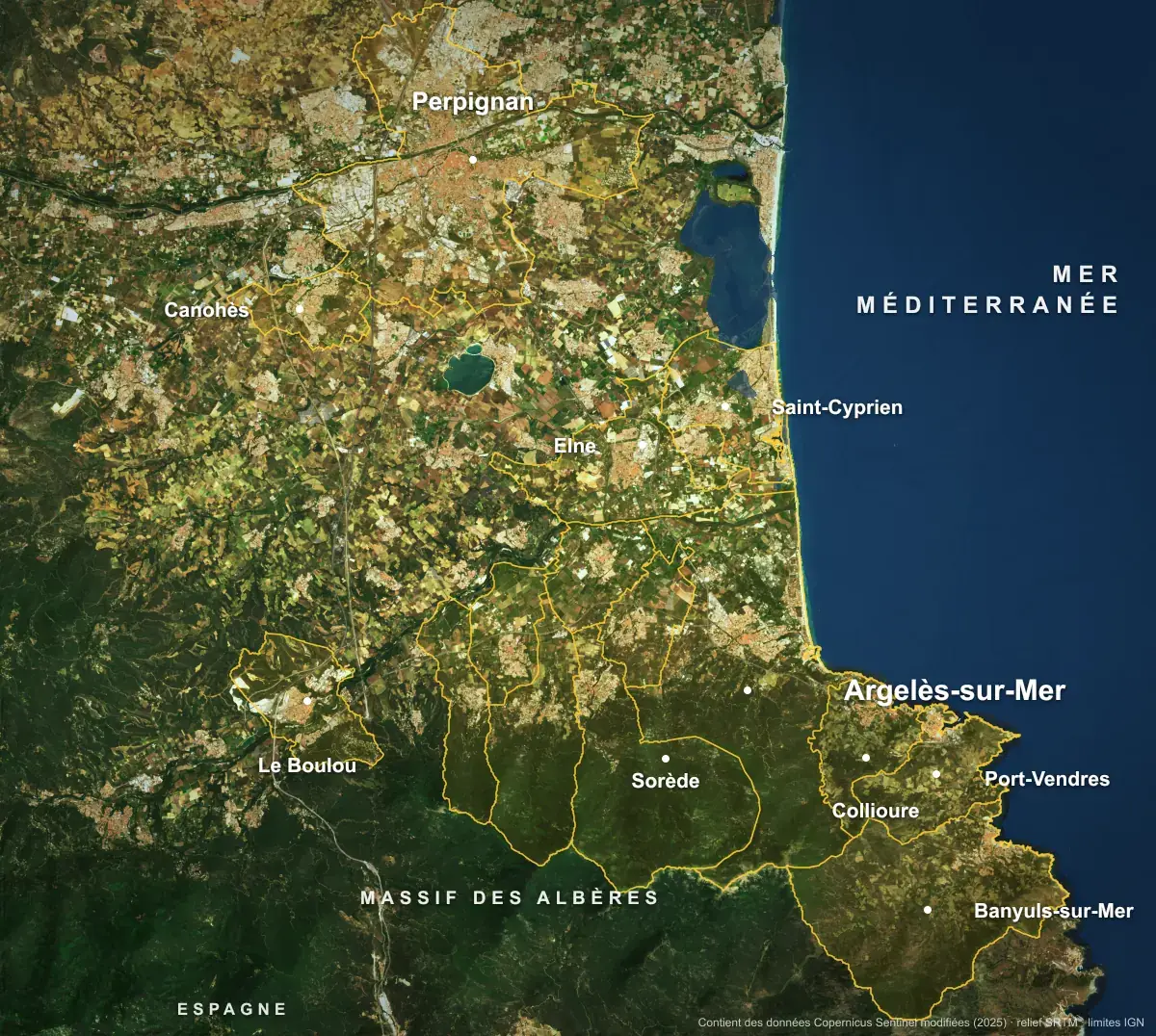 Carte satellite des communes où intervient Occitane Elec autour d’Argelès-sur-Mer
